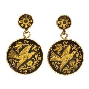 VTG Damascene Pierced Drop Earrings Spain Round Goldtone & Black Bird & Flowers